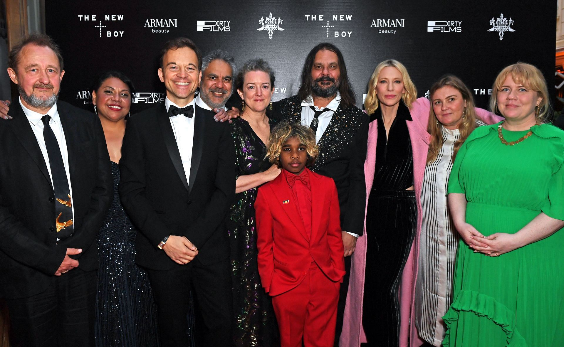 (L to R) Andrew Upton, Deborah Mailman, Lorenzo De Maio, Wayne Blair, Kath Shelper, Aswan Reid, Warwick Thornton, Cate Blanchett, Coco Francini and Georgie Pym attend Dirty Films and Scarlet Pictures' "The New Boy" cocktail recepiton at Cannes Film Festival 2023. (Image via Getty)